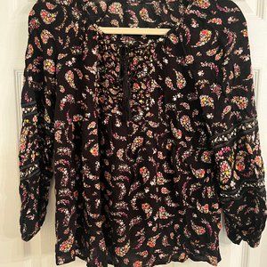 Black Floral Gauze Peasant Shirt, Size M